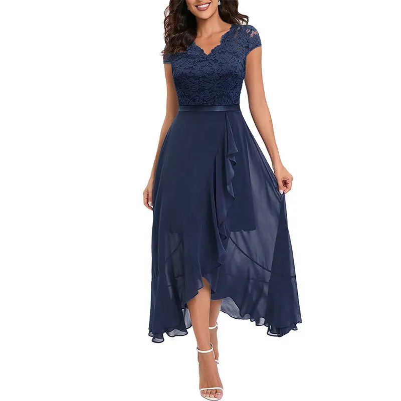 DUNNMALL  European and American New Foreign Trade Party Dress Wish  Dress V-neck Sleeveless Lace Mesh Large Swing Dress