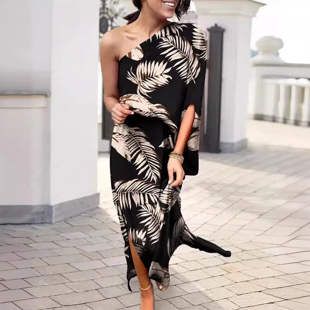 DUNNMALL  European and American Women's Clothing Skirt Independent Stand Sexy Temu Oblique Shoulder Temperament Unilateral Sleeve Dress Women