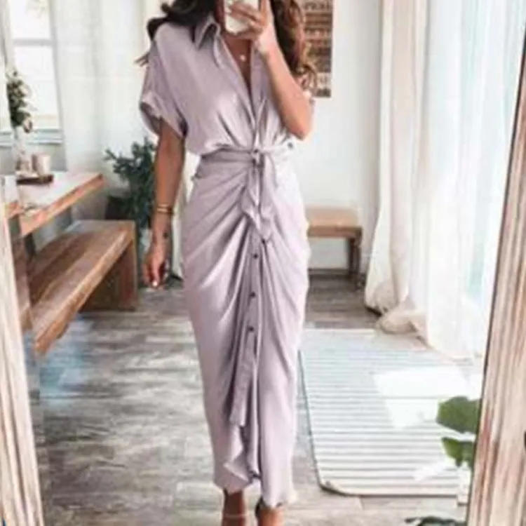 DUNNMALL  Foreign Trade European and American Women's Clothing  Summer New Short Sleeve Temperament Commute High Waist Print Long Dress
