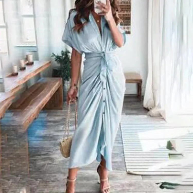 DUNNMALL  Foreign Trade European and American Women's Clothing  Summer New Short Sleeve Temperament Commute High Waist Print Long Dress