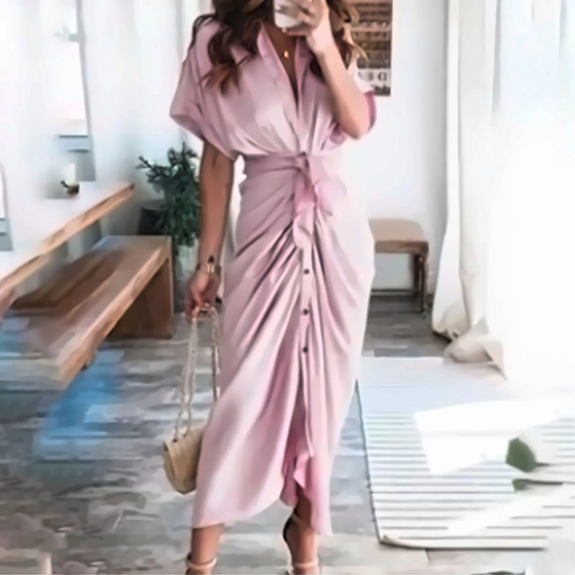 DUNNMALL  Foreign Trade European and American Women's Clothing  Summer New Short Sleeve Temperament Commute High Waist Print Long Dress