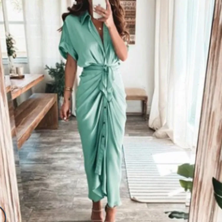 DUNNMALL  Foreign Trade European and American Women's Clothing  Summer New Short Sleeve Temperament Commute High Waist Print Long Dress
