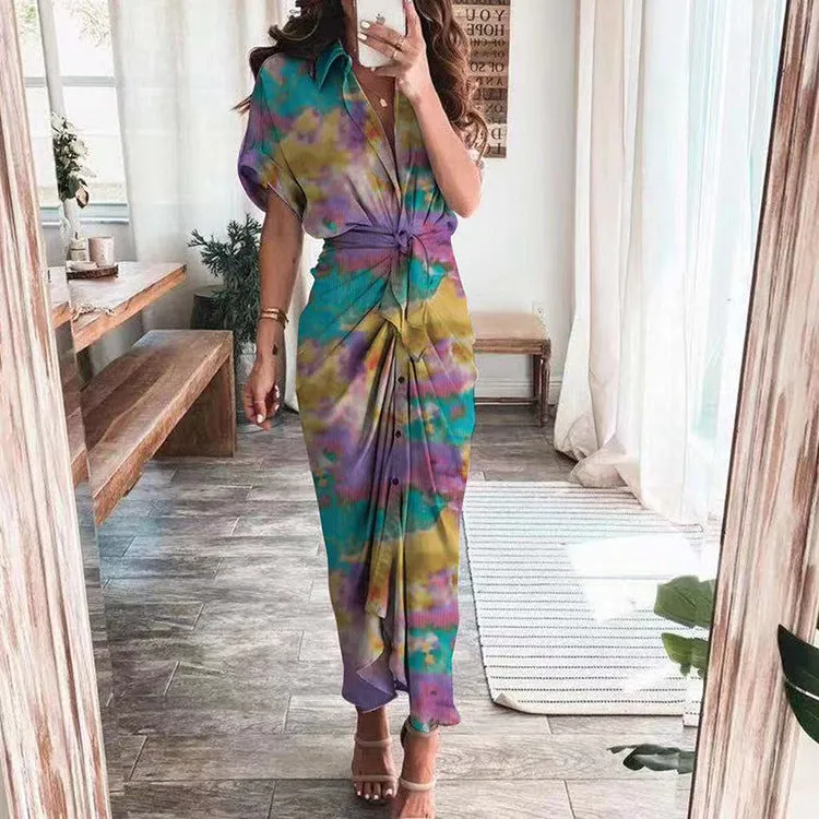 DUNNMALL  Foreign Trade European and American Women's Clothing  Summer New Short Sleeve Temperament Commute High Waist Print Long Dress
