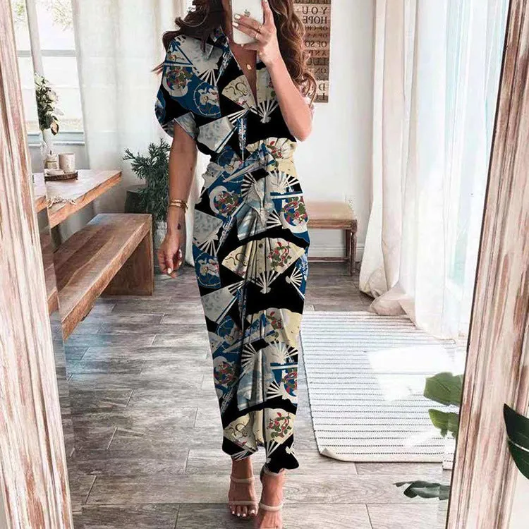 DUNNMALL  Foreign Trade European and American Women's Clothing  Summer New Short Sleeve Temperament Commute High Waist Print Long Dress