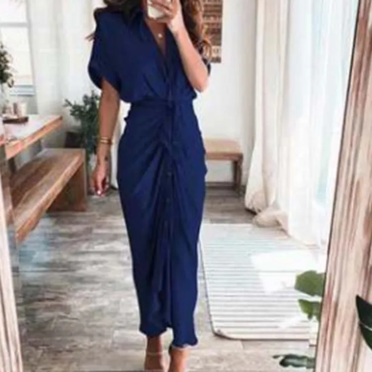 DUNNMALL  Foreign Trade European and American Women's Clothing  Summer New Short Sleeve Temperament Commute High Waist Print Long Dress
