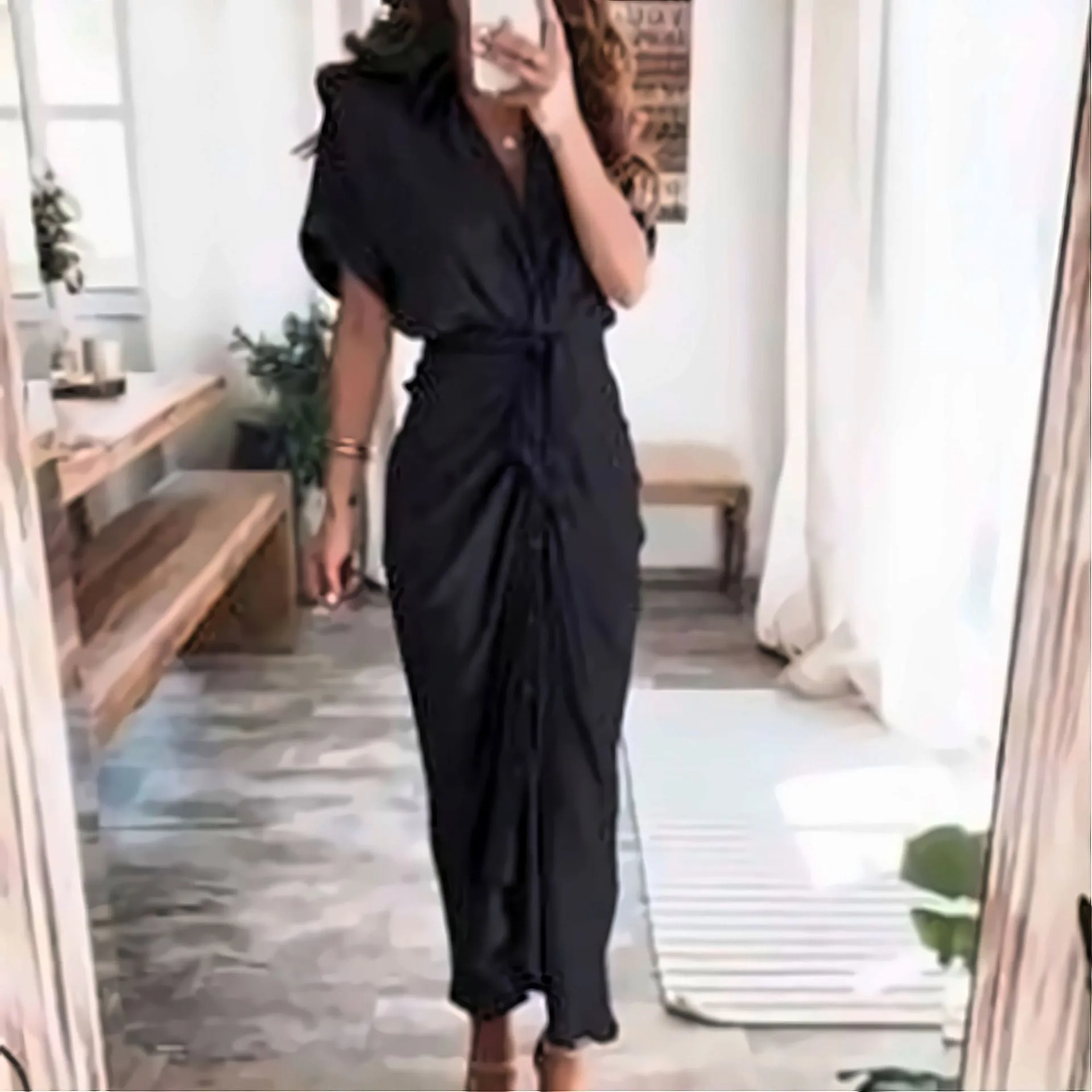 DUNNMALL  Foreign Trade European and American Women's Clothing  Summer New Short Sleeve Temperament Commute High Waist Print Long Dress