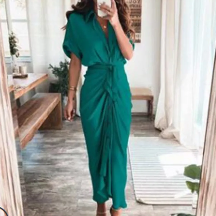 DUNNMALL  Foreign Trade European and American Women's Clothing  Summer New Short Sleeve Temperament Commute High Waist Print Long Dress