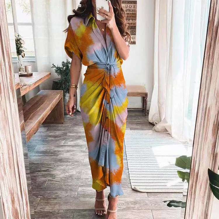 DUNNMALL  Foreign Trade European and American Women's Clothing  Summer New Short Sleeve Temperament Commute High Waist Print Long Dress