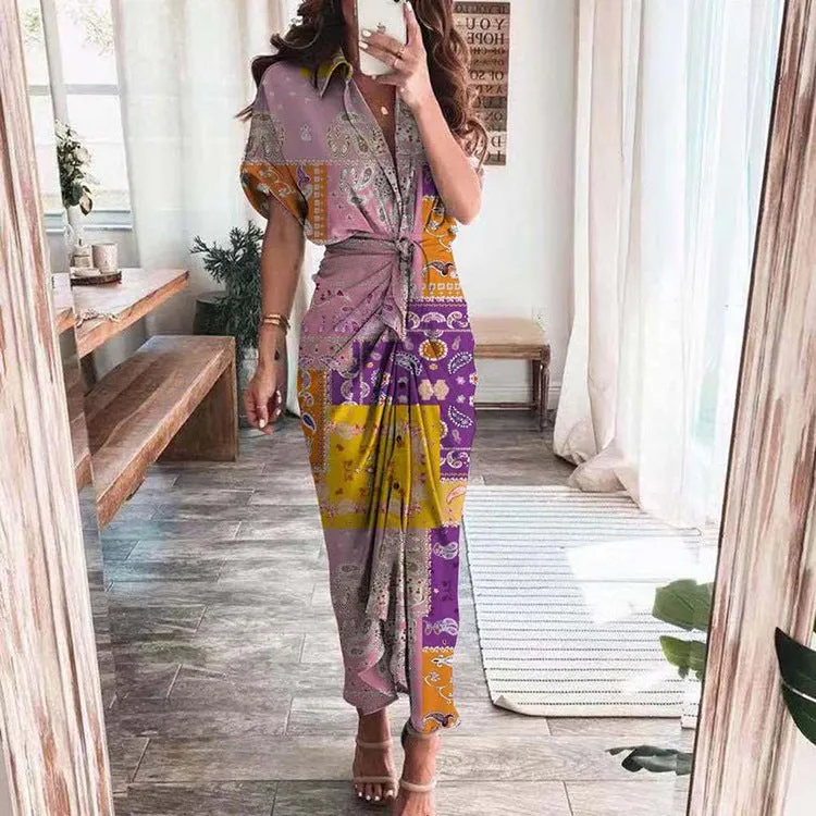DUNNMALL  Foreign Trade European and American Women's Clothing  Summer New Short Sleeve Temperament Commute High Waist Print Long Dress