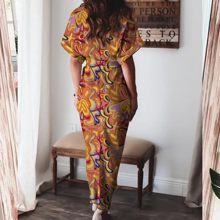 DUNNMALL  Foreign Trade European and American Women's Clothing  Summer New Short Sleeve Temperament Commute High Waist Print Long Dress