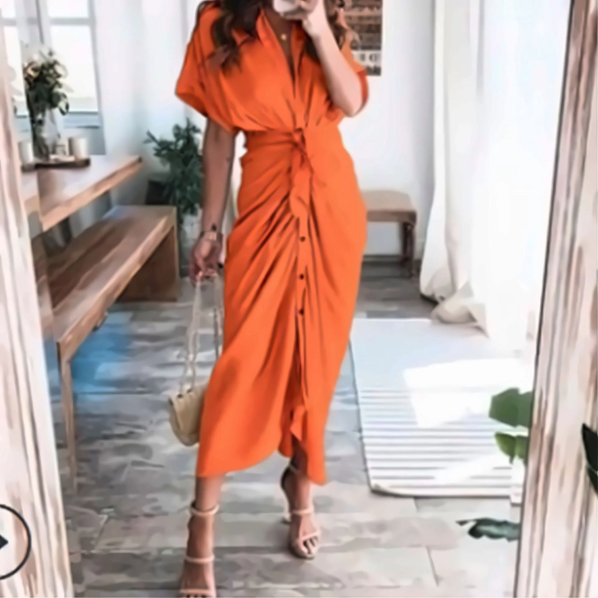 DUNNMALL  Foreign Trade European and American Women's Clothing  Summer New Short Sleeve Temperament Commute High Waist Print Long Dress