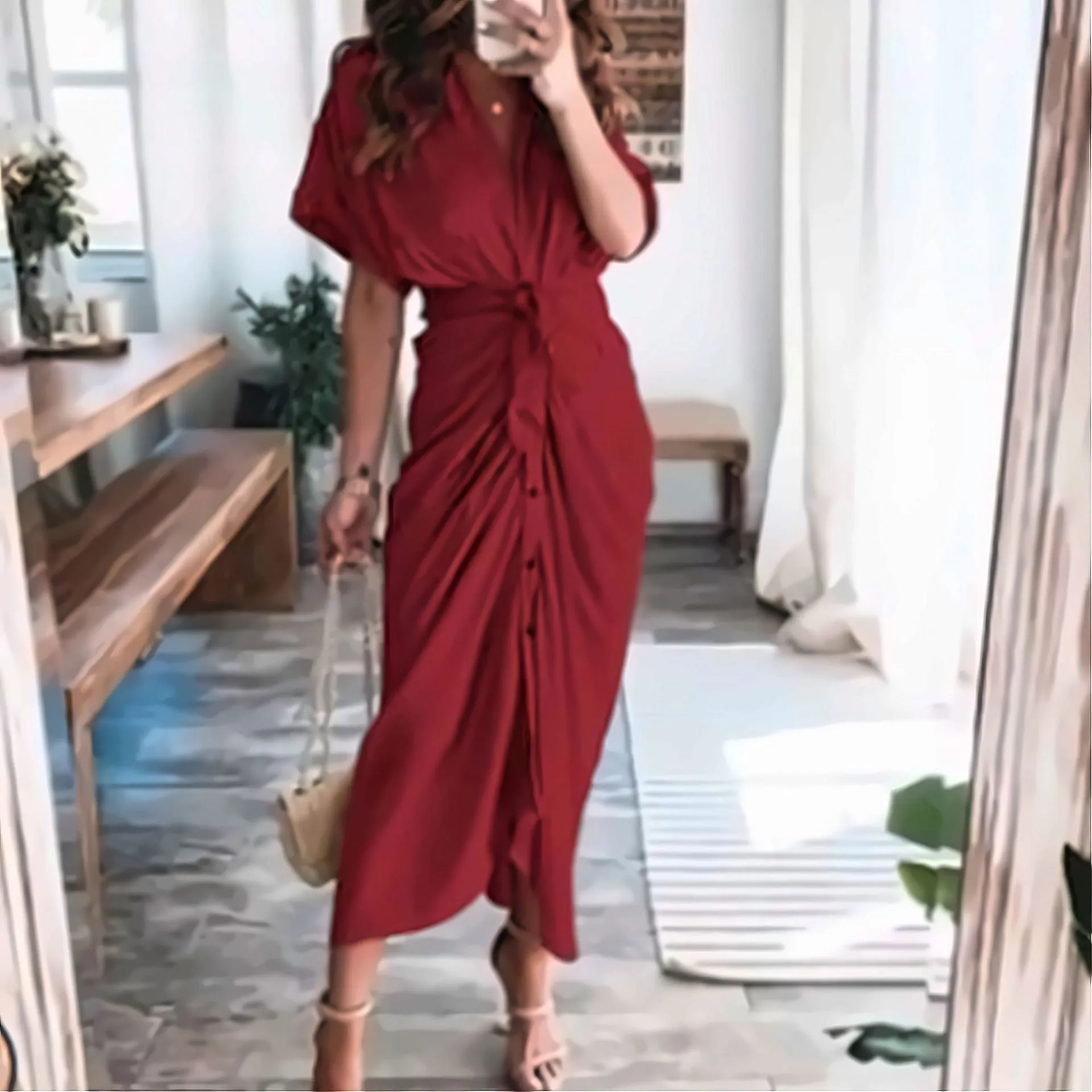 DUNNMALL  Foreign Trade European and American Women's Clothing  Summer New Short Sleeve Temperament Commute High Waist Print Long Dress