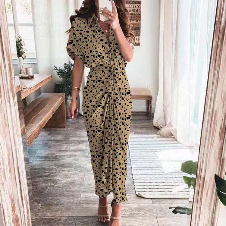DUNNMALL  Foreign Trade European and American Women's Clothing  Summer New Short Sleeve Temperament Commute High Waist Print Long Dress