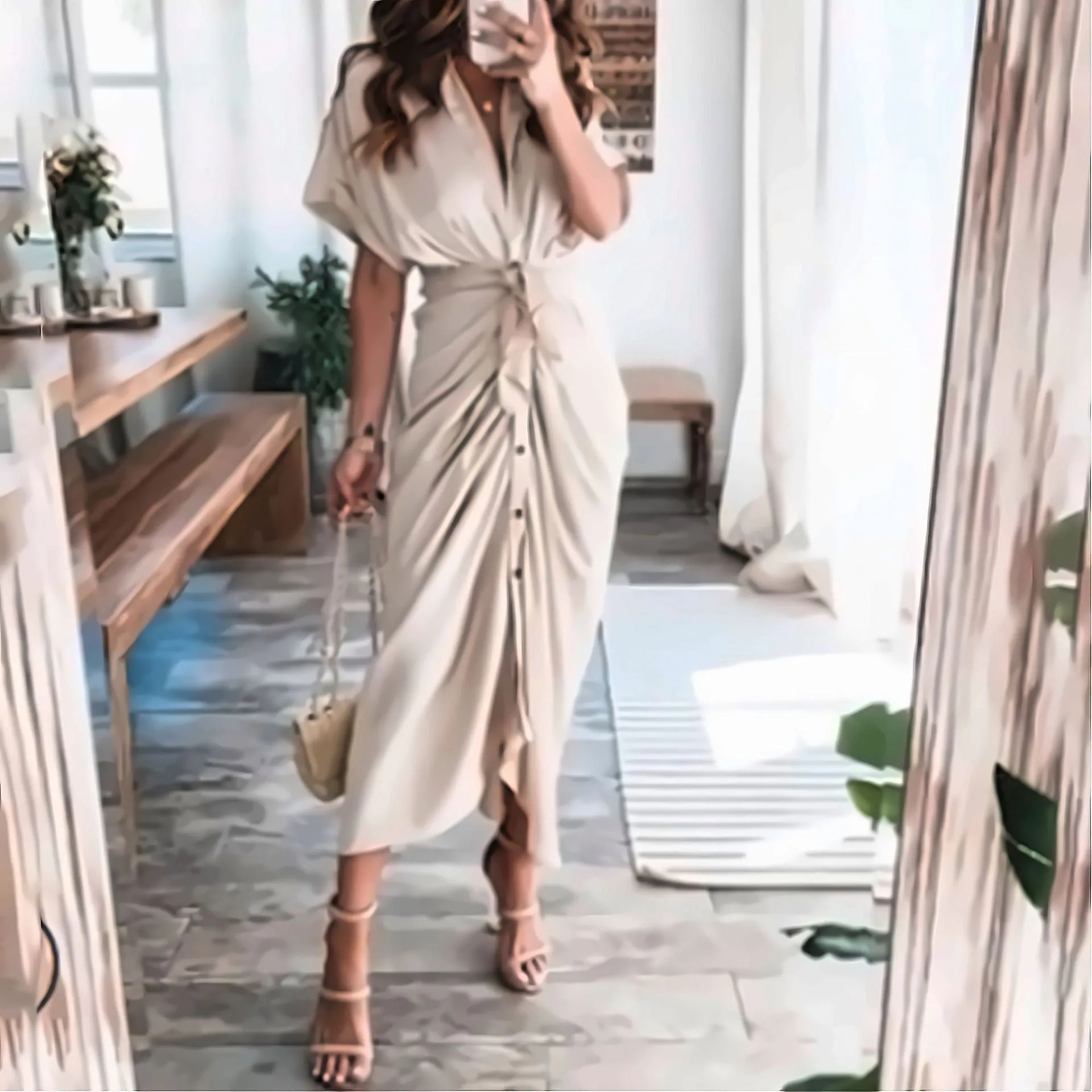 DUNNMALL  Foreign Trade European and American Women's Clothing  Summer New Short Sleeve Temperament Commute High Waist Print Long Dress