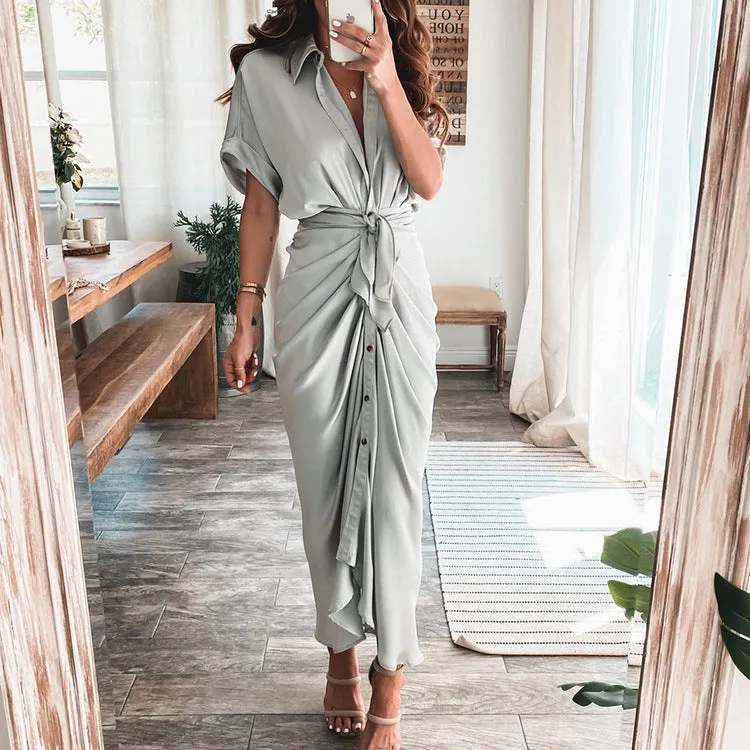 DUNNMALL  Foreign Trade European and American Women's Clothing  Summer New Short Sleeve Temperament Commute High Waist Print Long Dress