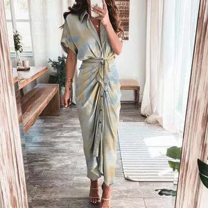 DUNNMALL  Foreign Trade European and American Women's Clothing  Summer New Short Sleeve Temperament Commute High Waist Print Long Dress