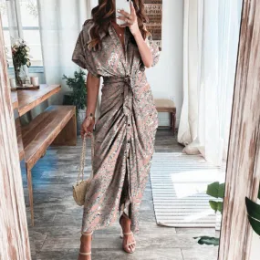 DUNNMALL  Foreign Trade European and American Women's Clothing  Summer New Short Sleeve Temperament Commute High Waist Print Long Dress