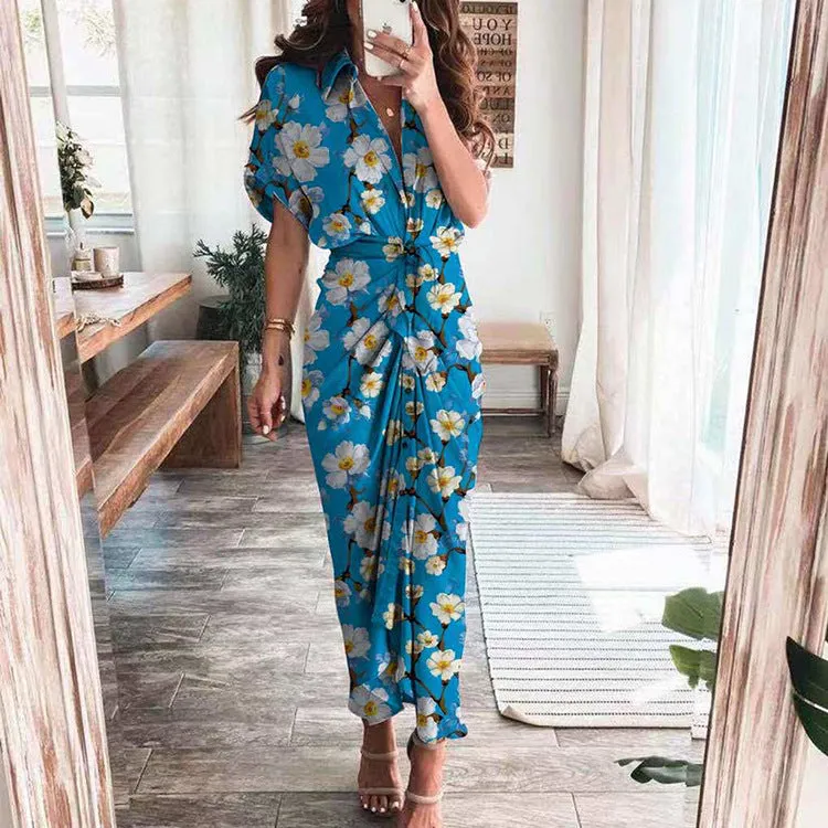 DUNNMALL  Foreign Trade European and American Women's Clothing  Summer New Short Sleeve Temperament Commute High Waist Print Long Dress