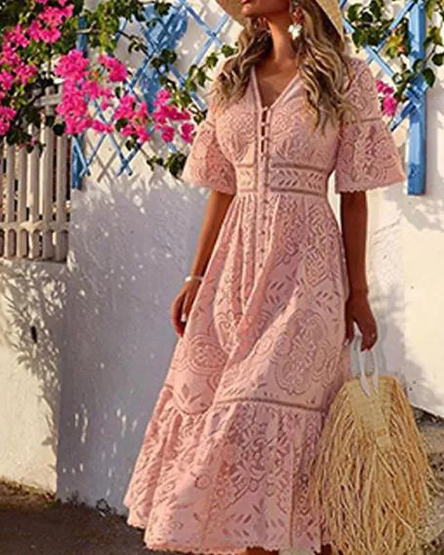 Dunnmall Half Sleeve Solid Color V Neck Women's Sheath Dress Maxi long Dress