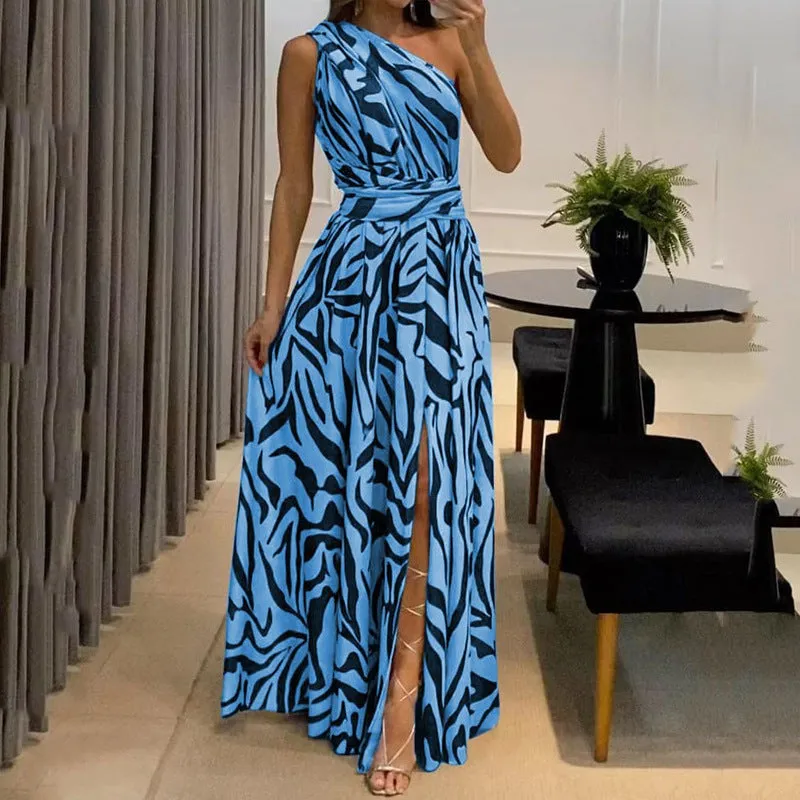DUNNMALL  Summer New Cross-Border Independent Station Women's Clothing Sexy Backless One Shoulder Sleeveless Printed Long Dress 8087