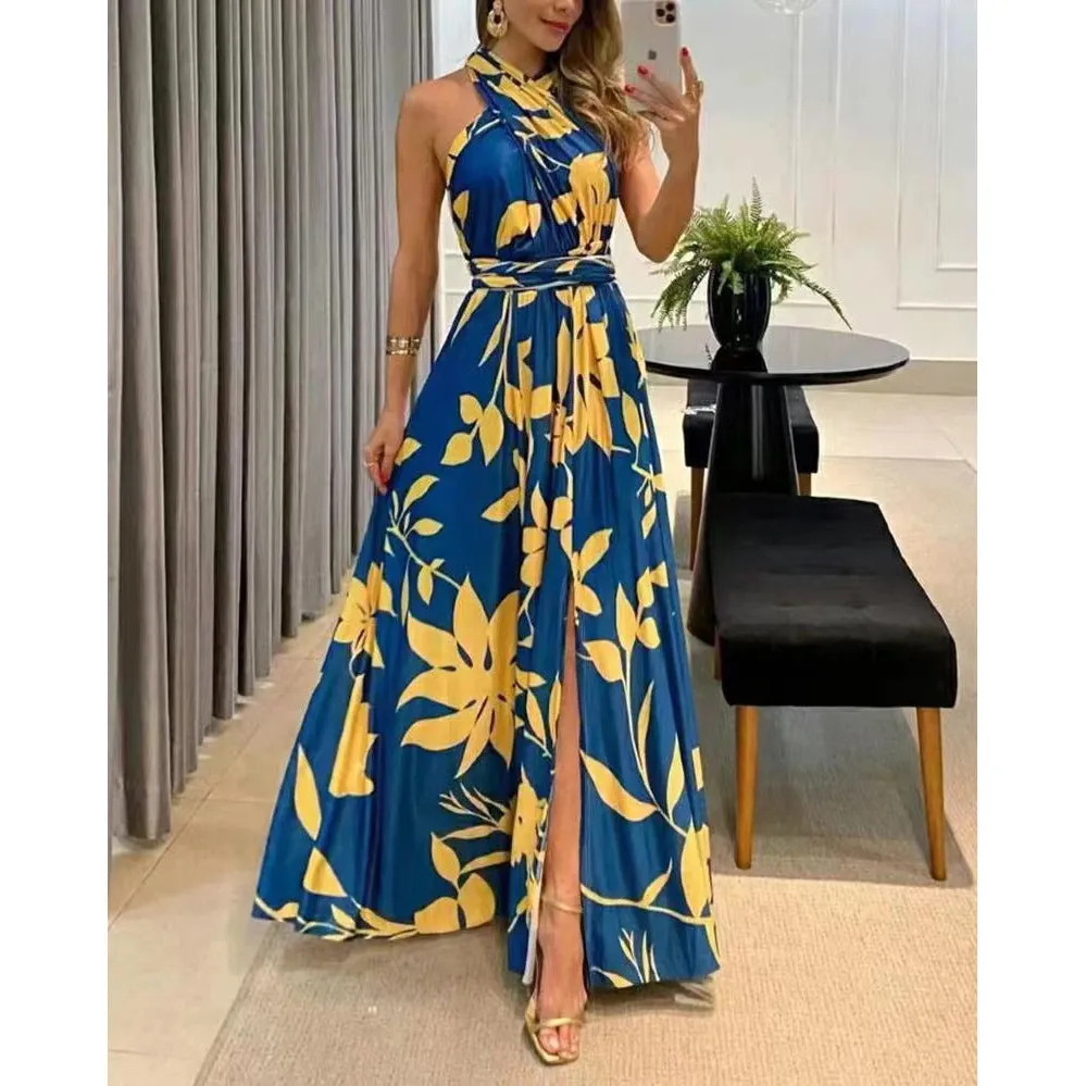 DUNNMALL  Summer New Cross-Border Independent Station Women's Clothing Sexy Backless One Shoulder Sleeveless Printed Long Dress 8087