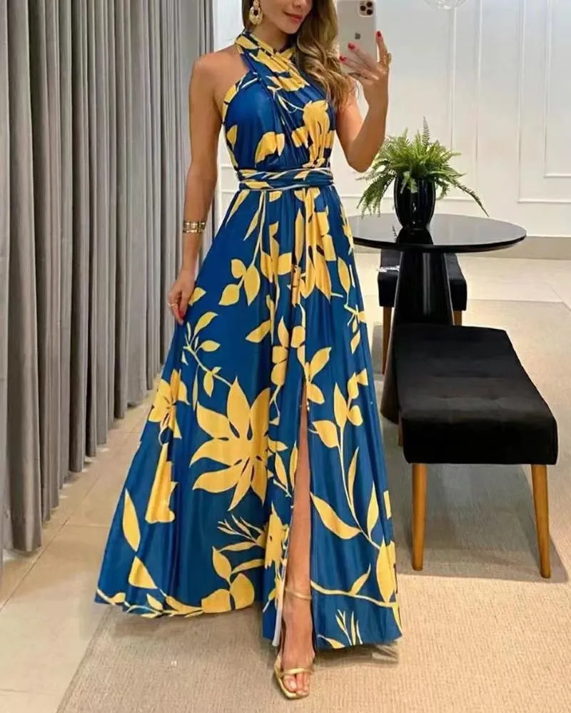 DUNNMALL  Summer New Cross-Border Independent Station Women's Clothing Sexy Backless One Shoulder Sleeveless Printed Long Dress 8087