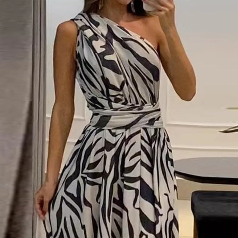 DUNNMALL  Summer New Cross-Border Independent Station Women's Clothing Sexy Backless One Shoulder Sleeveless Printed Long Dress 8087