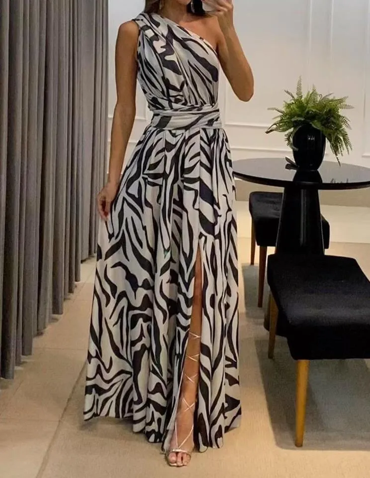 DUNNMALL  Summer New Cross-Border Independent Station Women's Clothing Sexy Backless One Shoulder Sleeveless Printed Long Dress 8087