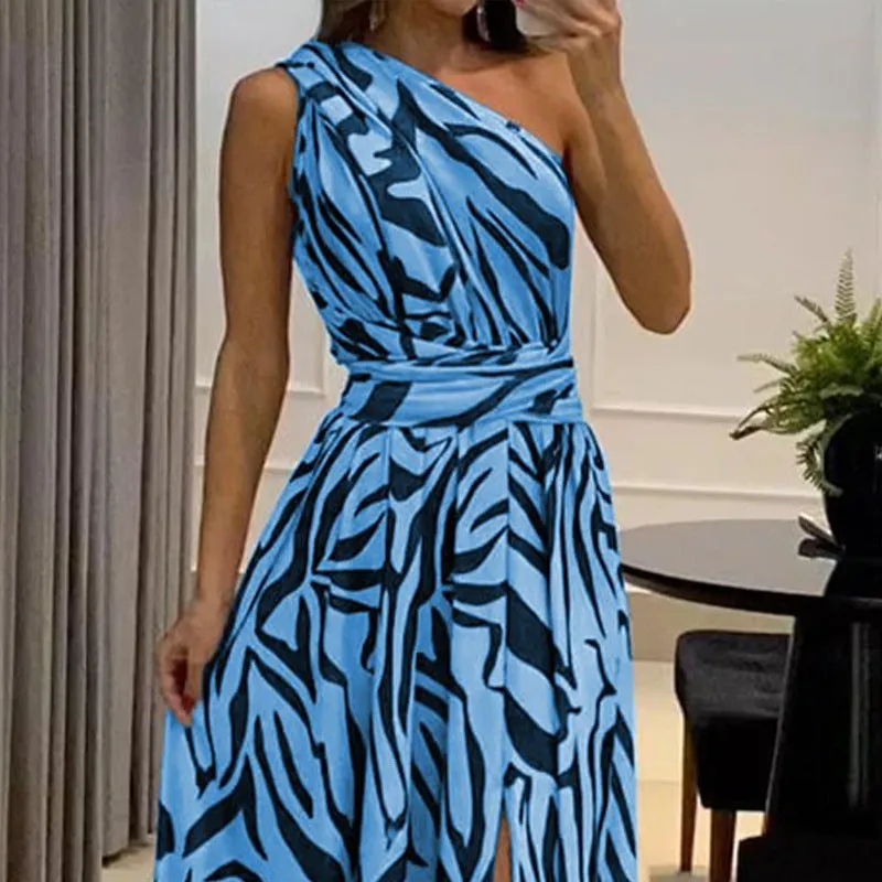 DUNNMALL  Summer New Cross-Border Independent Station Women's Clothing Sexy Backless One Shoulder Sleeveless Printed Long Dress 8087