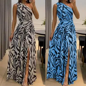 DUNNMALL  Summer New Cross-Border Independent Station Women's Clothing Sexy Backless One Shoulder Sleeveless Printed Long Dress 8087