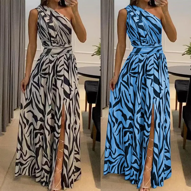 DUNNMALL  Summer New Cross-Border Independent Station Women's Clothing Sexy Backless One Shoulder Sleeveless Printed Long Dress 8087