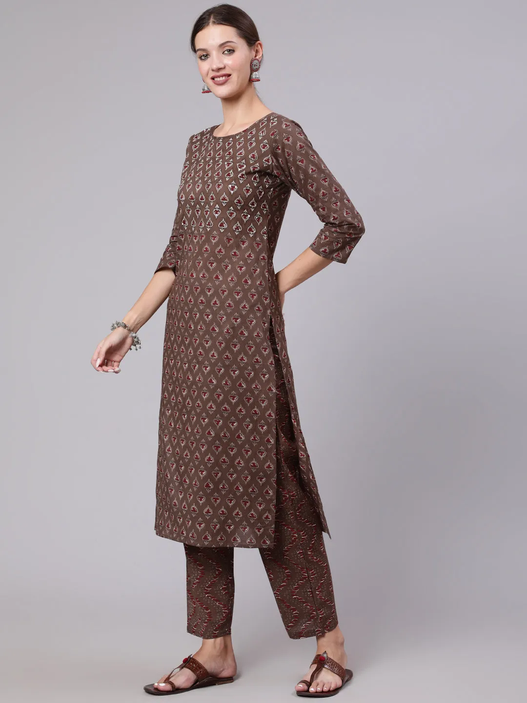 Ethnic Motifs Printed Pure Cotton Kurta With Trousers & Dupatta - The Nks Plus