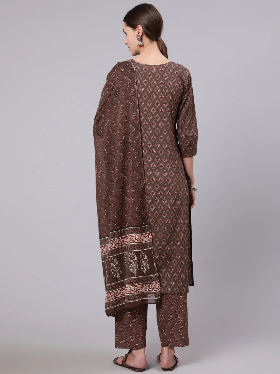 Ethnic Motifs Printed Pure Cotton Kurta With Trousers & Dupatta - The Nks Plus