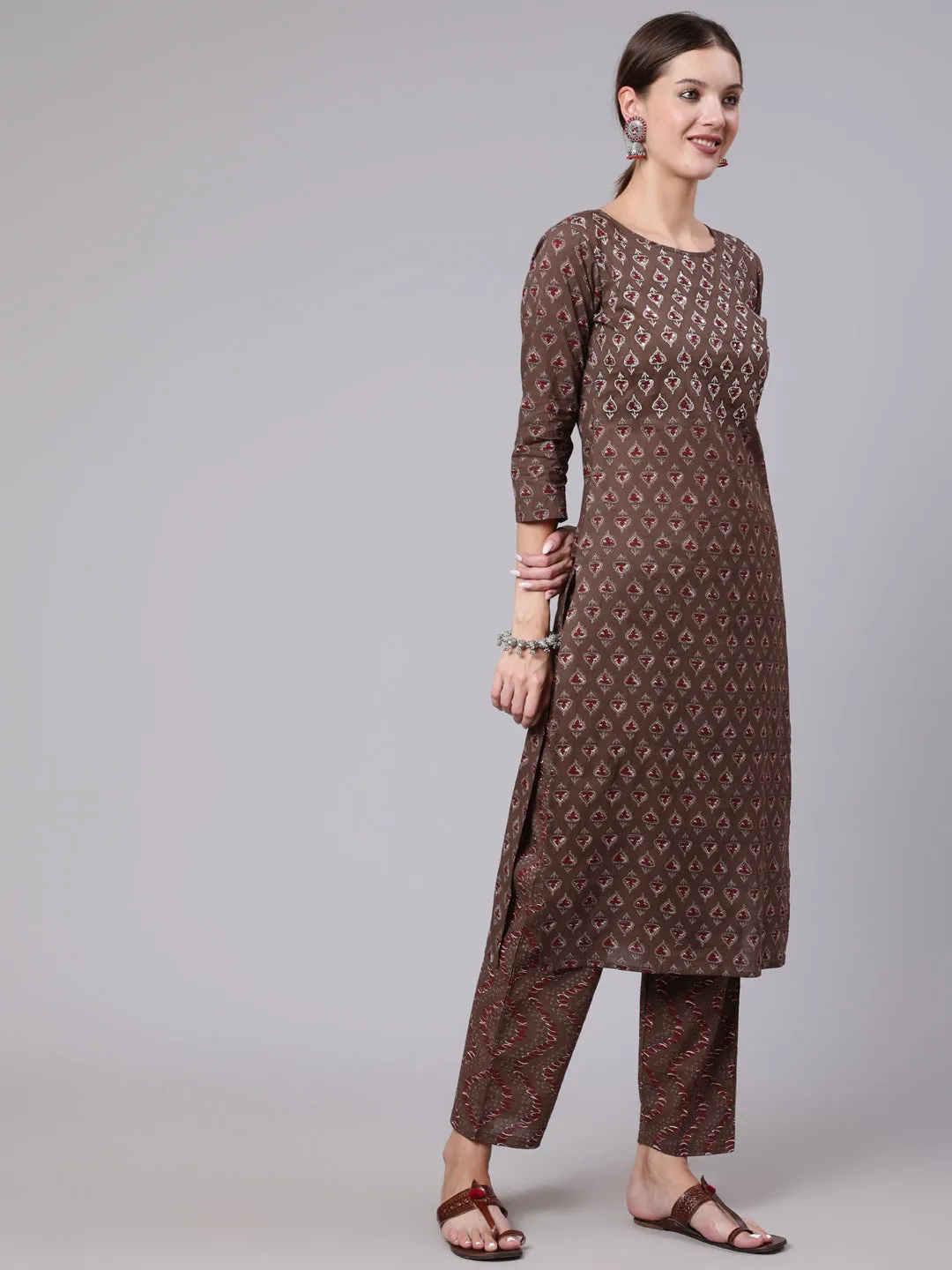 Ethnic Motifs Printed Pure Cotton Kurta With Trousers & Dupatta - The Nks Plus