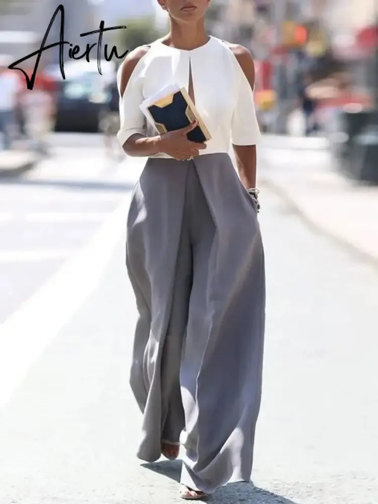 Fashion Hollow Solid Trousers Rompers Summer O Neck Off Shouler Short Sleeve Playsuit Women Elegant Wide Leg Straight Jumpsuits