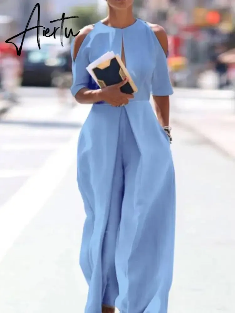 Fashion Hollow Solid Trousers Rompers Summer O Neck Off Shouler Short Sleeve Playsuit Women Elegant Wide Leg Straight Jumpsuits