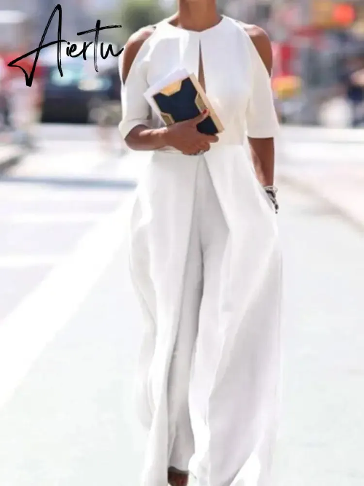 Fashion Hollow Solid Trousers Rompers Summer O Neck Off Shouler Short Sleeve Playsuit Women Elegant Wide Leg Straight Jumpsuits