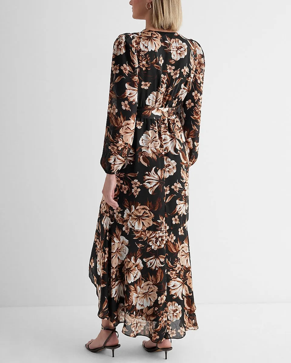 Floral Surplice Ruffle Hi-Lo Maxi Dress in Black Print