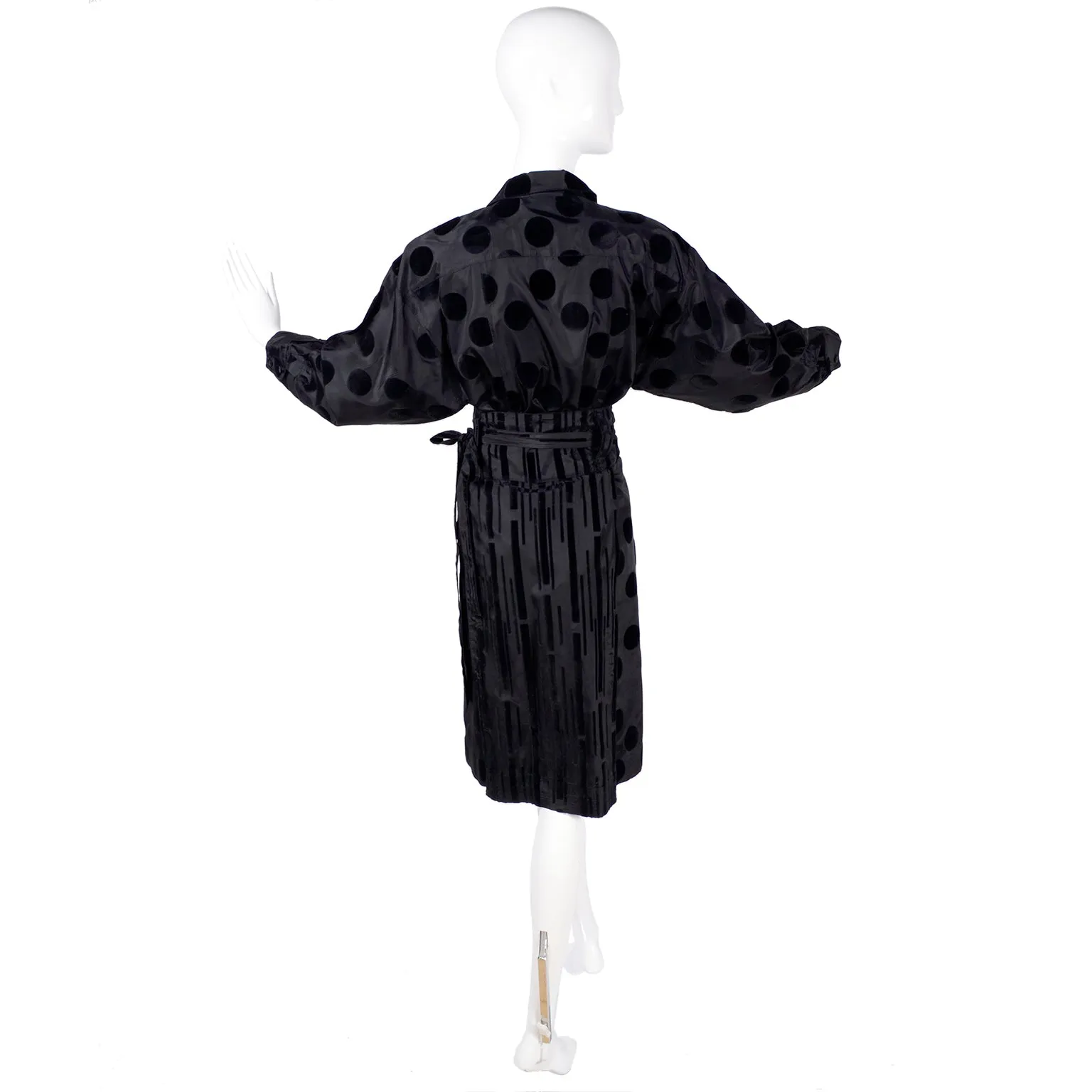F/W 1982 France Andrevie Black 2 Piece Dress Velvet Polka Dots & Stripes