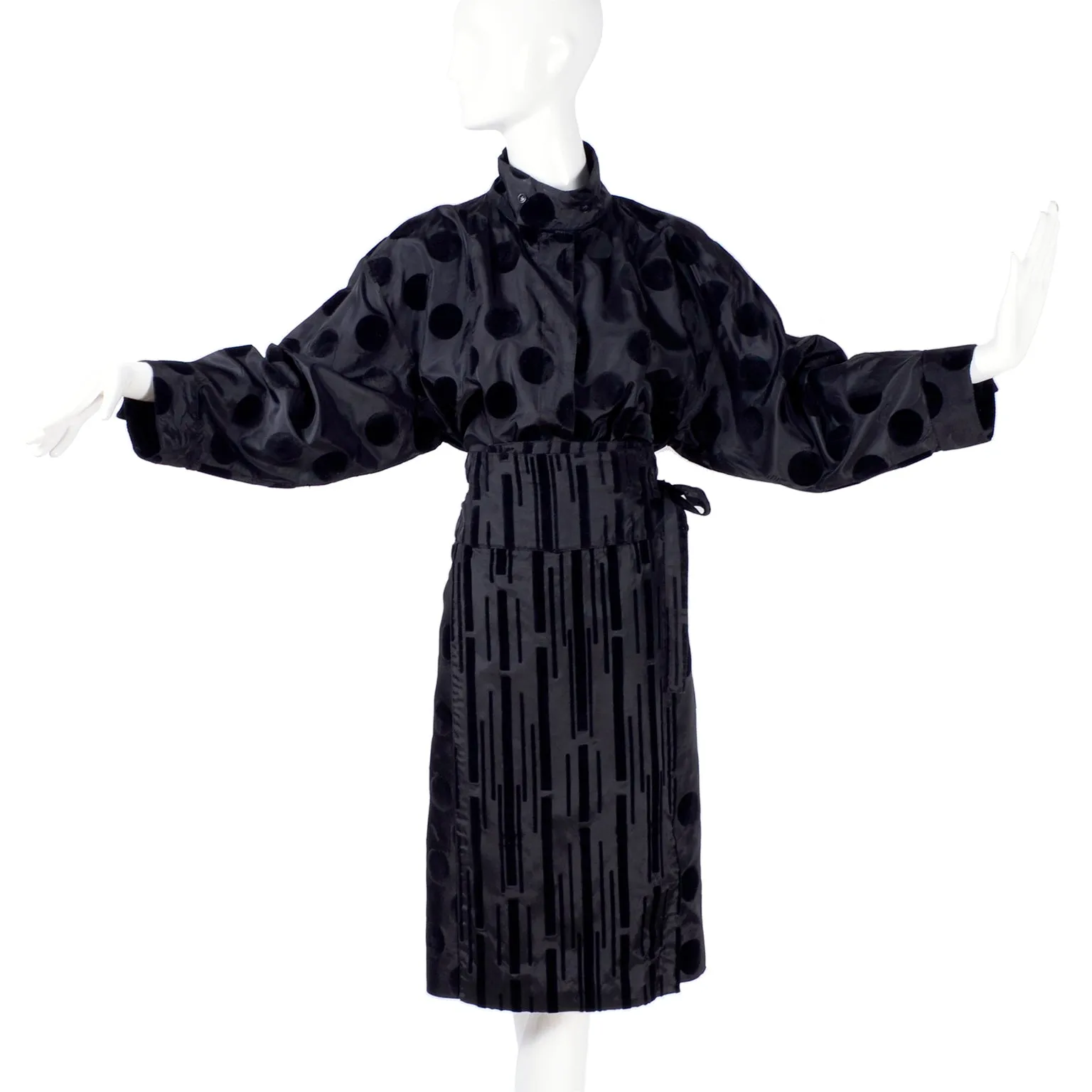 F/W 1982 France Andrevie Black 2 Piece Dress Velvet Polka Dots & Stripes