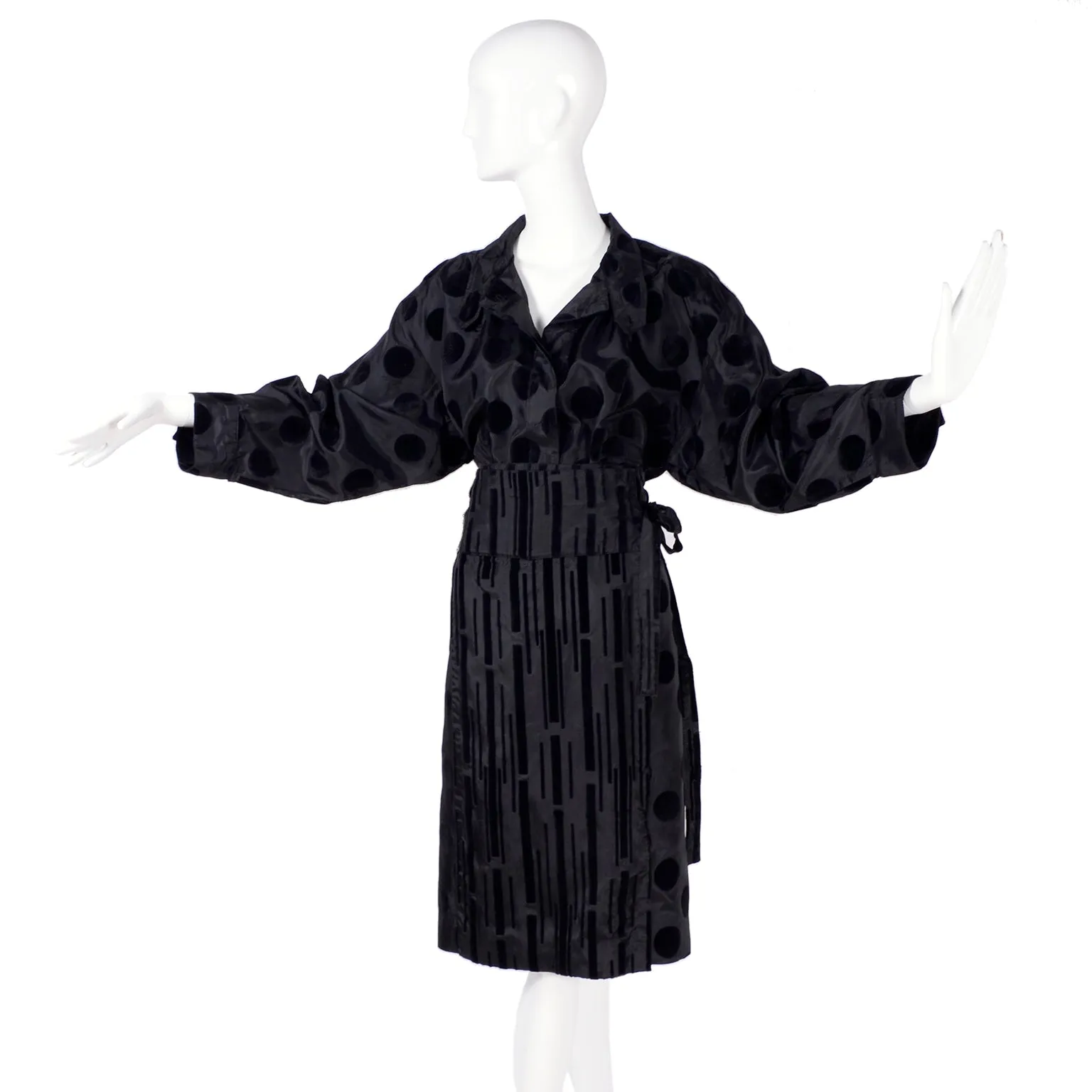F/W 1982 France Andrevie Black 2 Piece Dress Velvet Polka Dots & Stripes