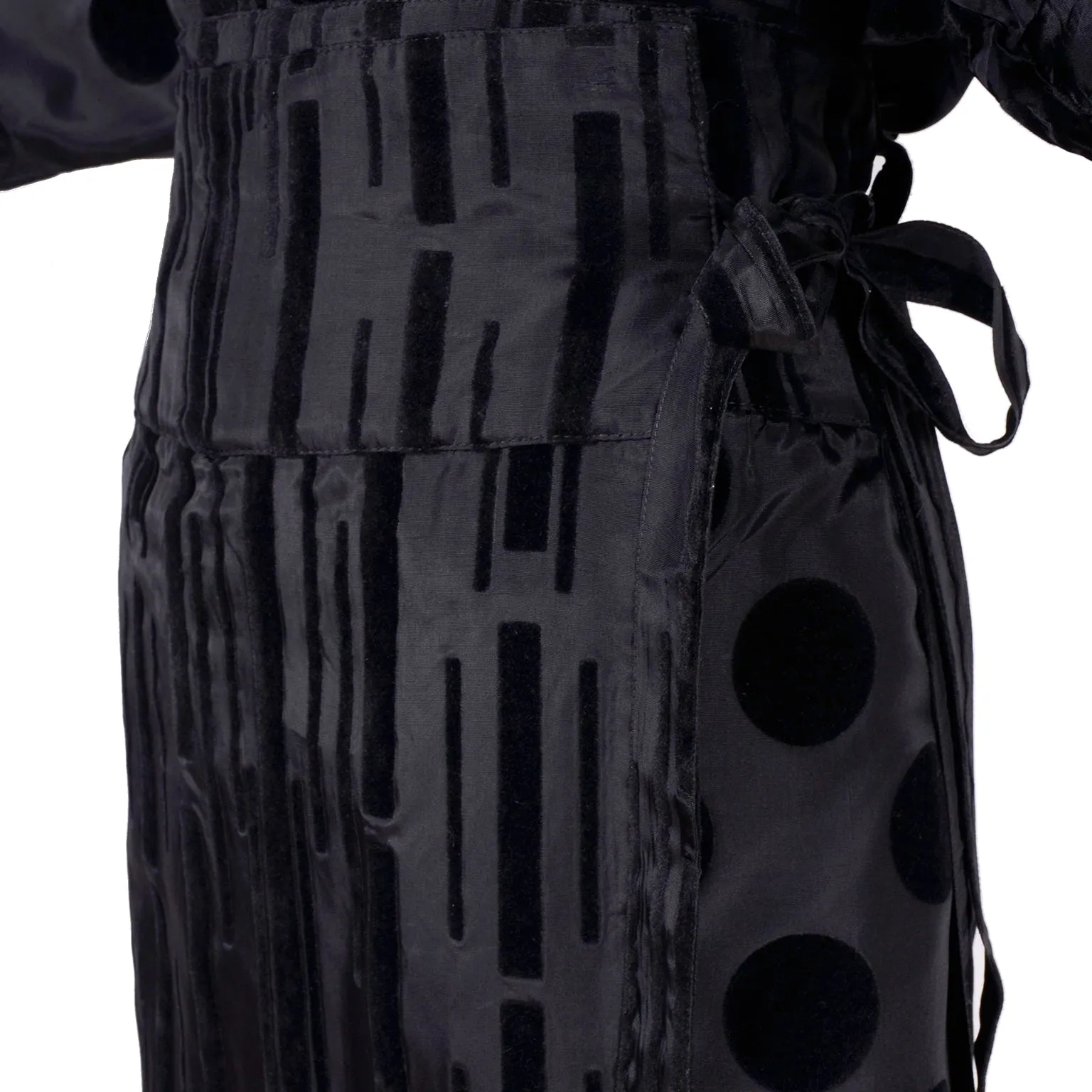 F/W 1982 France Andrevie Black 2 Piece Dress Velvet Polka Dots & Stripes