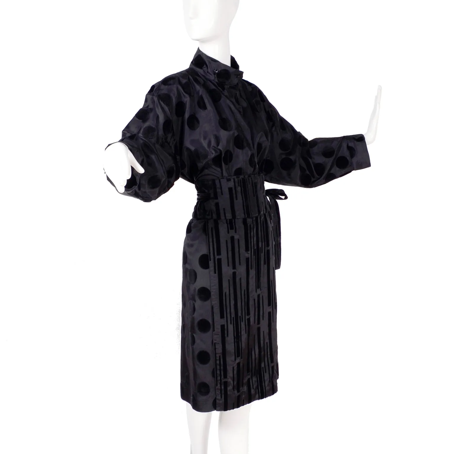 F/W 1982 France Andrevie Black 2 Piece Dress Velvet Polka Dots & Stripes