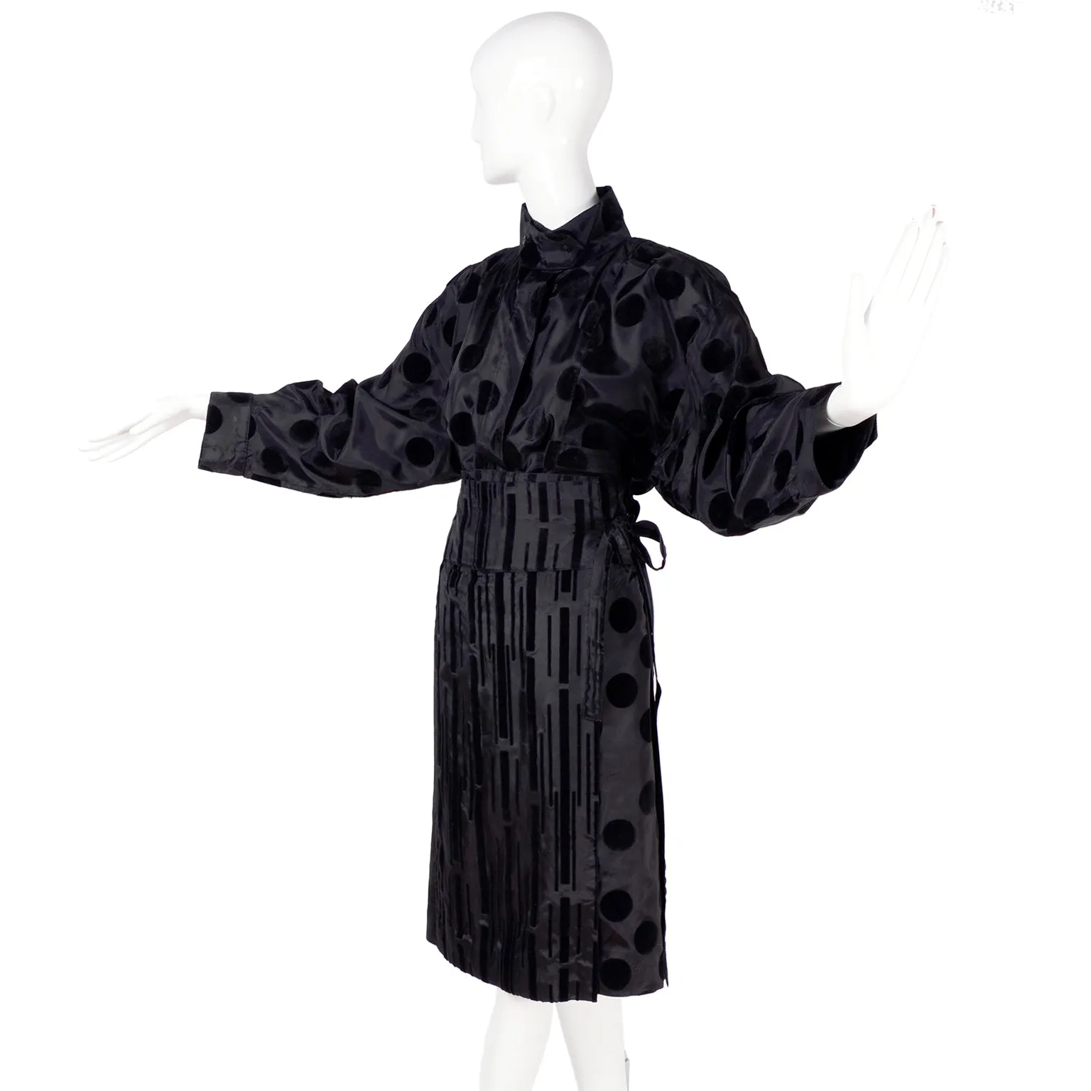 F/W 1982 France Andrevie Black 2 Piece Dress Velvet Polka Dots & Stripes