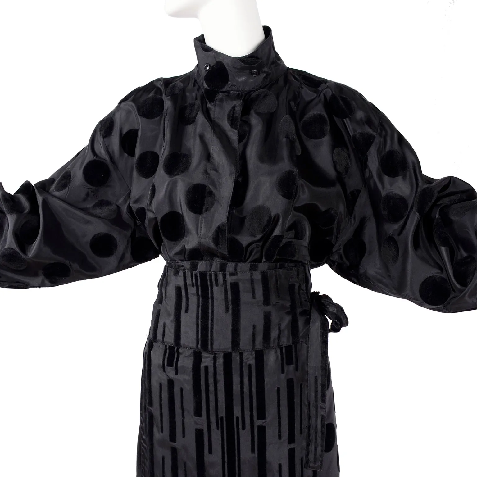 F/W 1982 France Andrevie Black 2 Piece Dress Velvet Polka Dots & Stripes