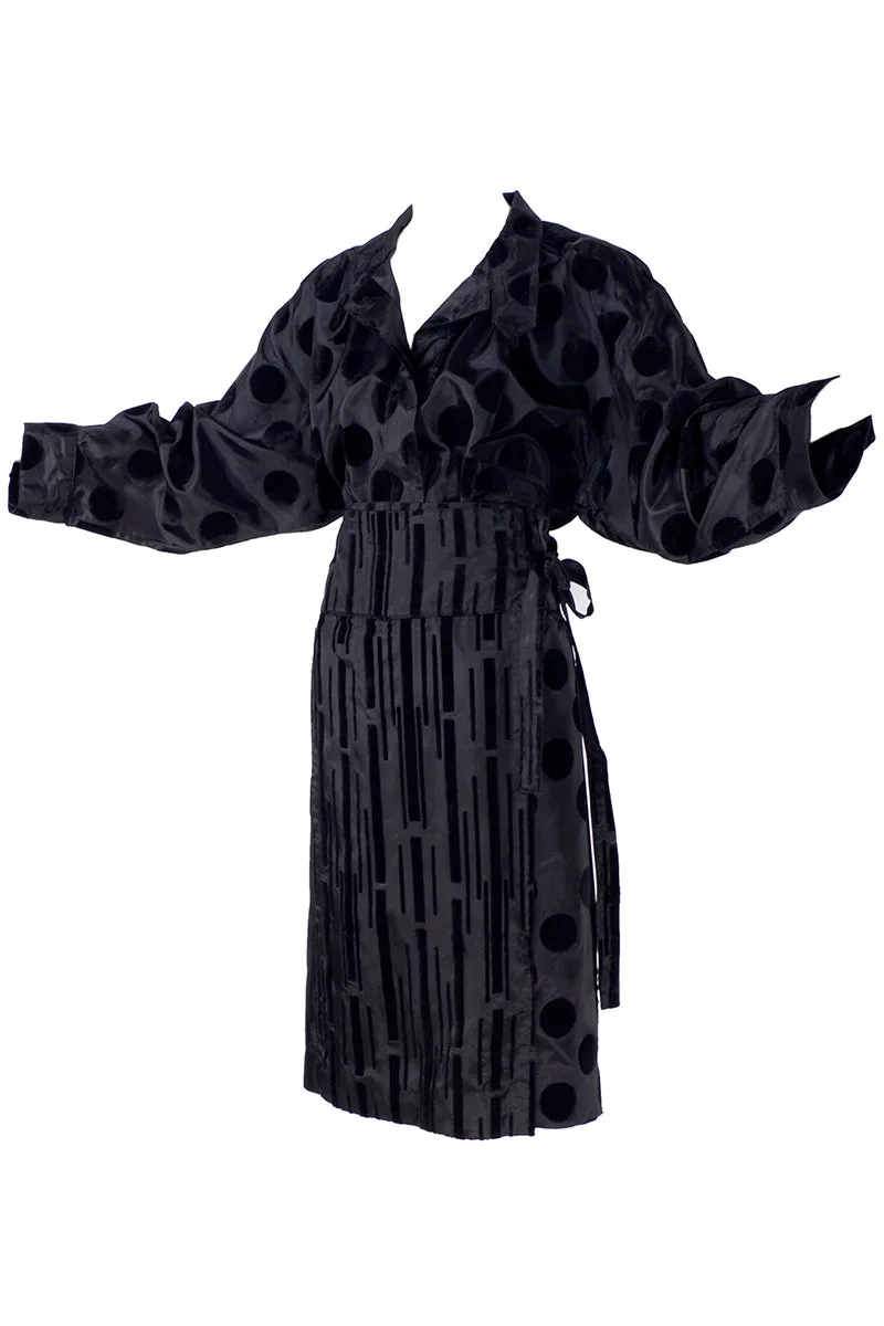 F/W 1982 France Andrevie Black 2 Piece Dress Velvet Polka Dots & Stripes