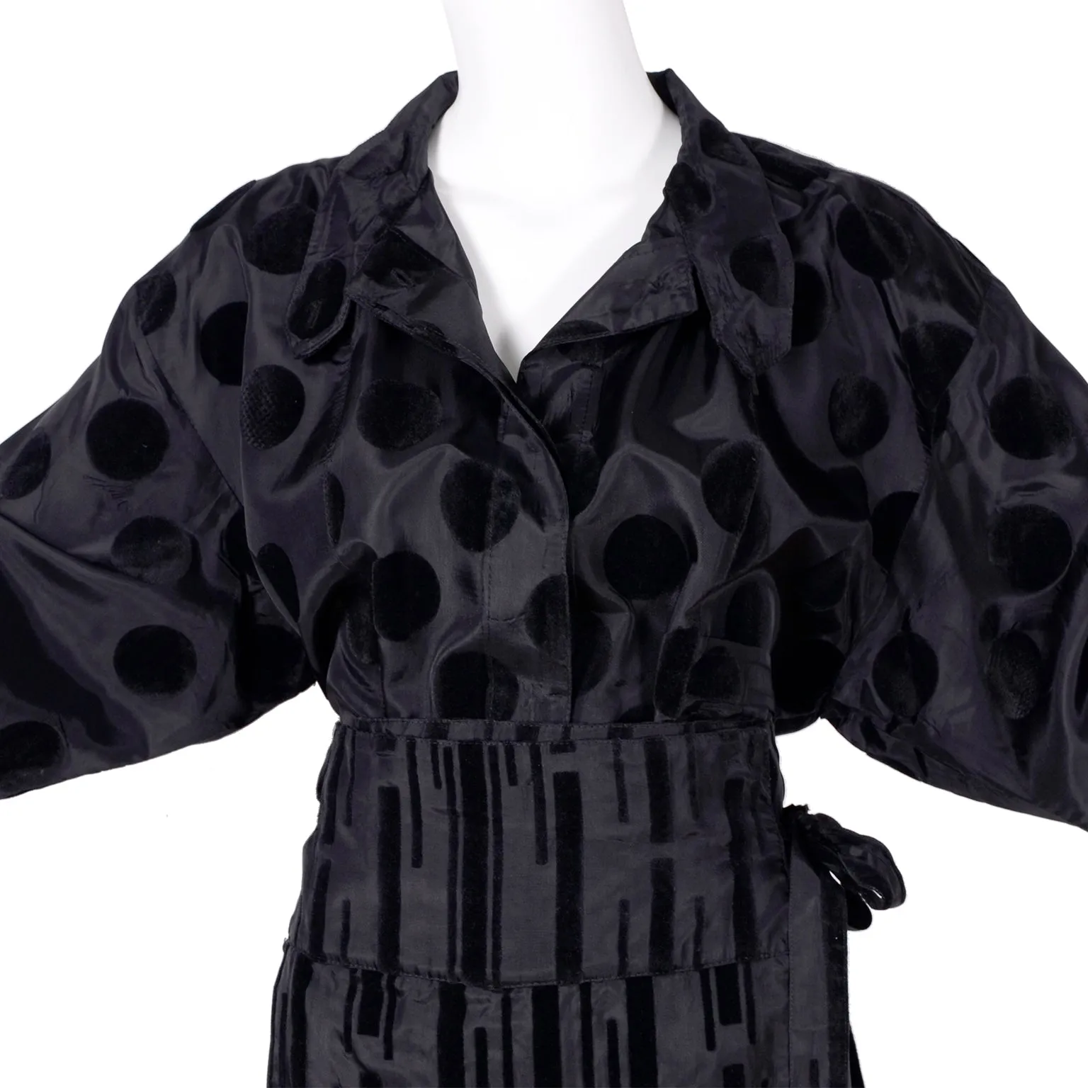 F/W 1982 France Andrevie Black 2 Piece Dress Velvet Polka Dots & Stripes