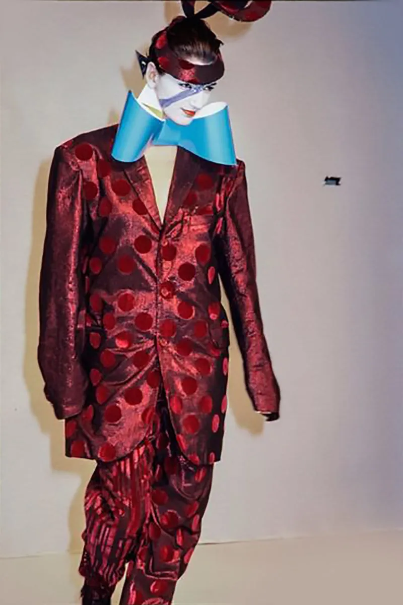 F/W 1982 France Andrevie Black 2 Piece Dress Velvet Polka Dots & Stripes