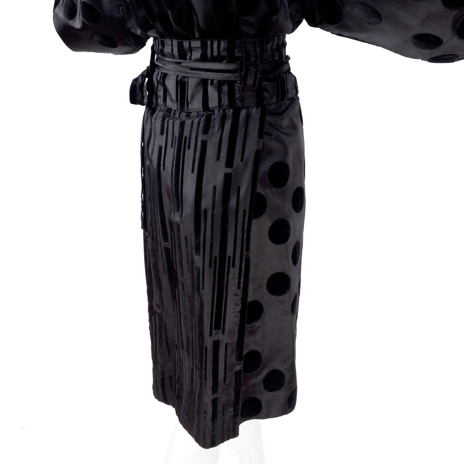 F/W 1982 France Andrevie Black 2 Piece Dress Velvet Polka Dots & Stripes