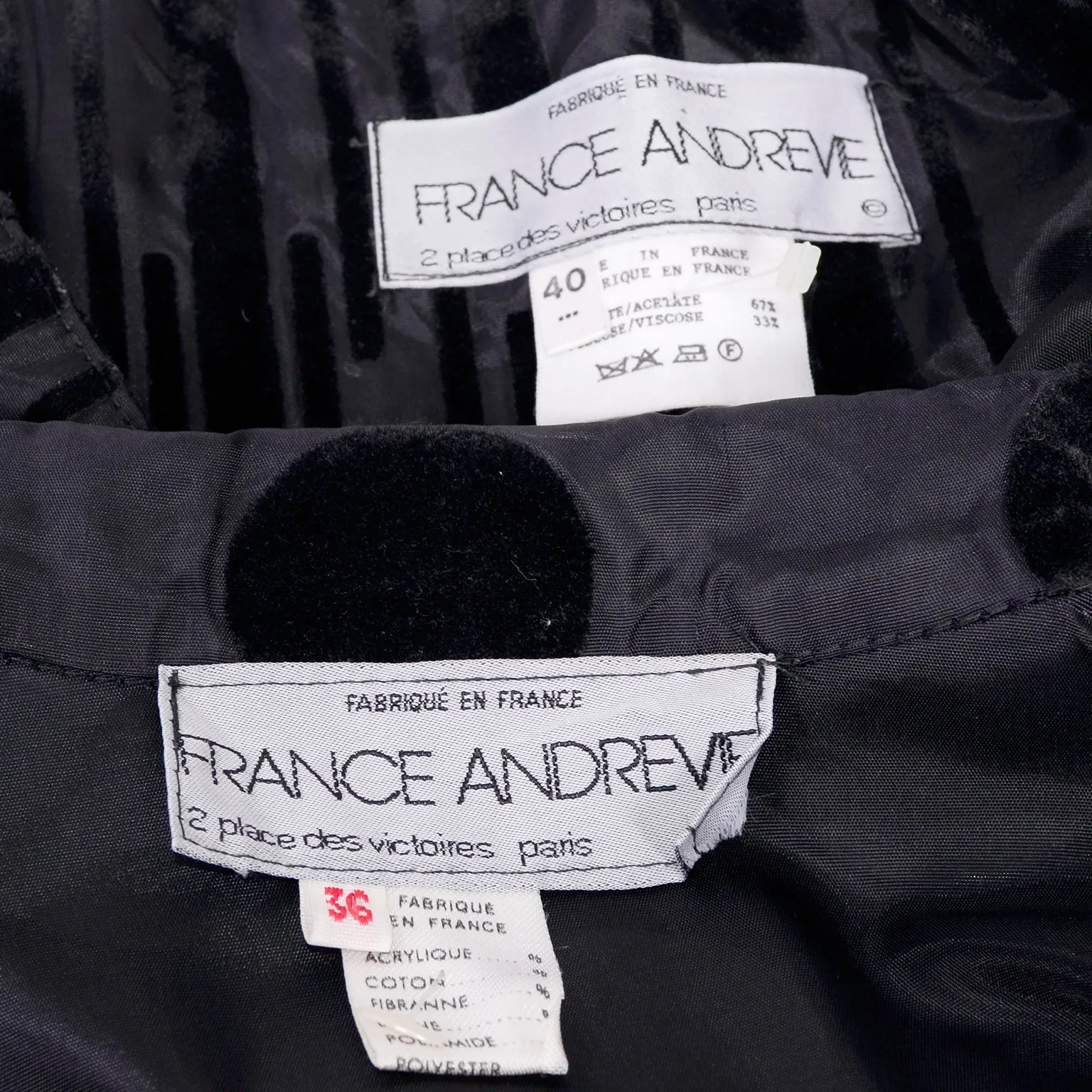 F/W 1982 France Andrevie Black 2 Piece Dress Velvet Polka Dots & Stripes